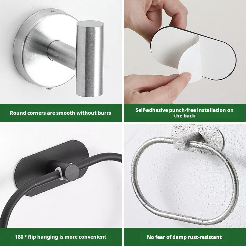 4pcs Bathroom Punch-free Towel Bar Set Stainless Steel Bathroom Hardware Wall-mounted Towel Rack Hook Tissue Holder