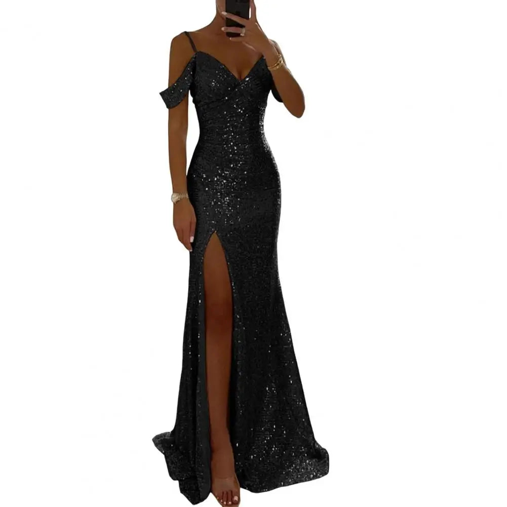 Women Sequin Suspender Dress Off Shoulder V Neck Side Slit Evening Dress Floor Length Sequin Ball Gown Banquet Maxi Dress 80%
