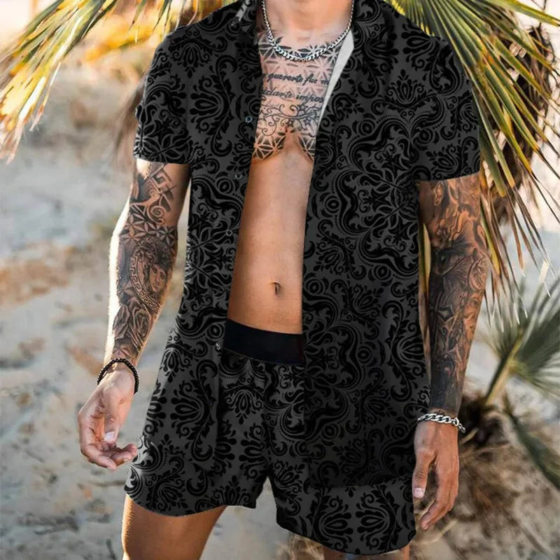2024 Summer Men's Fashion Leopard Print Short Sleeve Shirt And Shorts Set Beach Style T Shirt Breathable Shorts Two Piece Set