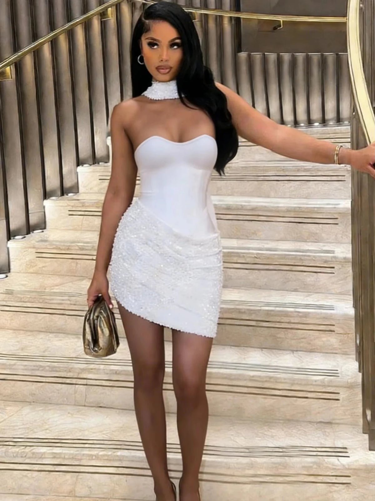 Chic Sequin Patchwork Strapless Mini Dress Women Scarf Collar Off-shoulder Waist Cinching Pleated Robe Lady Evening Party Gowns