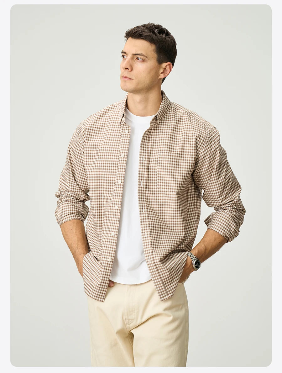 SIMWOOD 2026 Spring New Oversize 170gsm Liquid Ammonia Finish Fabric Shirts Men Checked Plaid Casual Shirts