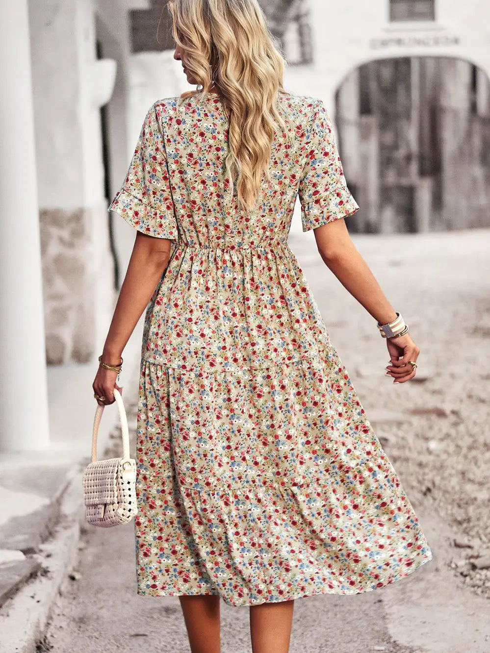 Msfilia Fashion V Neck Elegant Printed Dress Women Summer Short Sleeve High Waist A Line Floral Holiday Dresses
