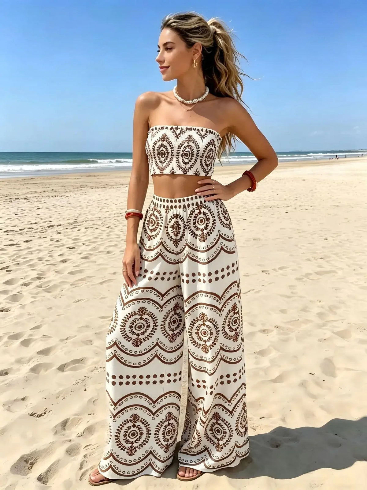 New Bohemian Vacation Plant Print Bandeau Wide Leg Pants, Fashion Two Piece Outfit