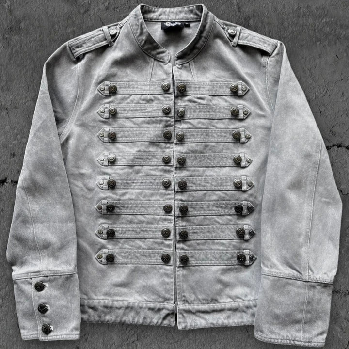 Gothic Motorcycle Denim Jacket Men American Retro Washed Multi Breasted Slim Fit Jacket Y2K High Street Unisex Punk Streetwear