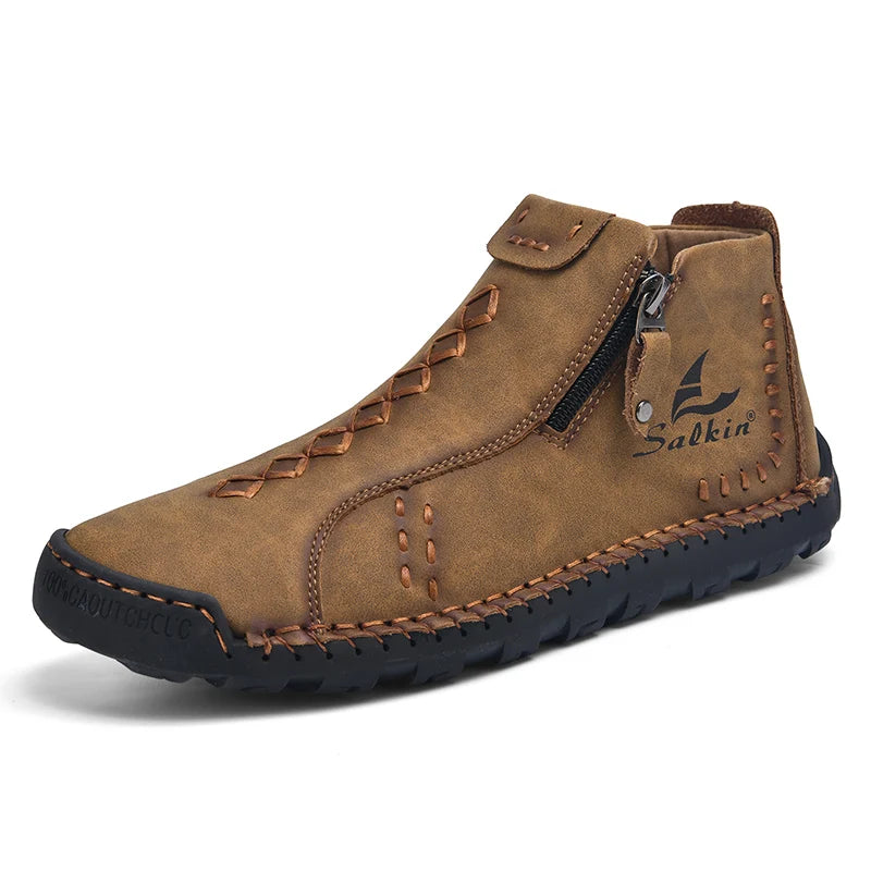 Handmade Leather Casual Shoes For Men Sneakers Men Flat Footwear Zipper Leather Boots Men Ankle Plus Size 39-48