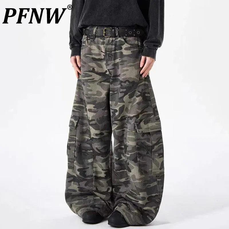 PFNW Camouflage Men Wide-Leg Cargo Pants 2025 Autumn New Trendy Contrast Color High Street Male Trousers