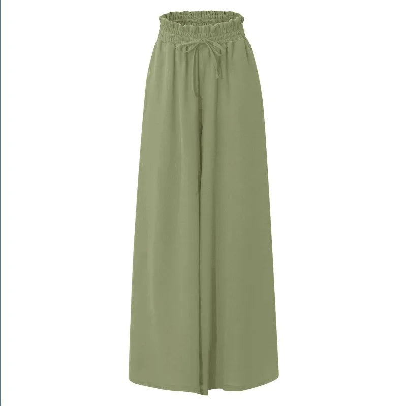 Summer Women Elastic High Waist Drawstring Solid Wide Leg Pants Loose Casual Flowy Pocket Trousers Female Daily Beach Long Pants