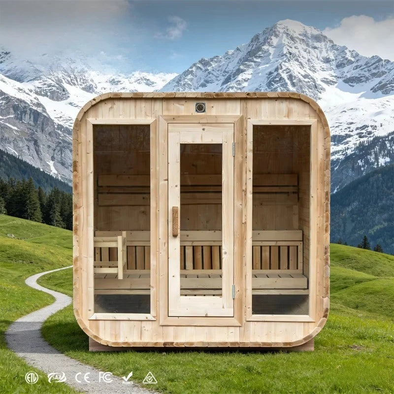 Customized Premium Large Cedar Wood Outdoor Family Spa Sauna, Wet & Dry Type with Panoramic Glass & Lighting