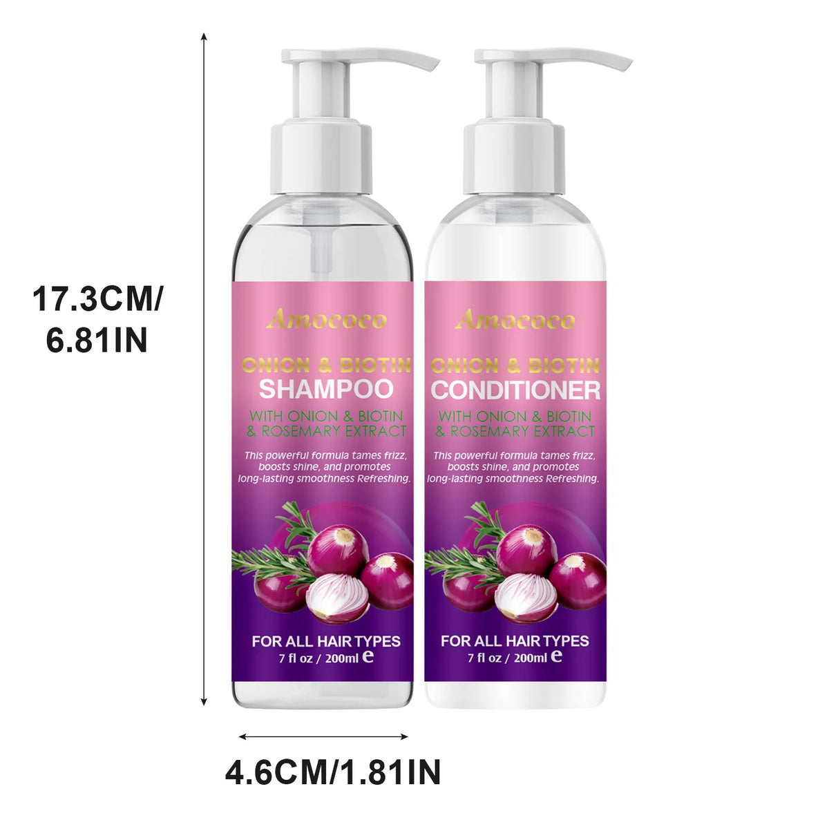 Amococo 2pcs X 200ml Shampoo and Conditioner Set with Onion Biotin Rosemary Hair Care Duo for All Hair Types Frizz Control Shine Boosting Sulfate Free
