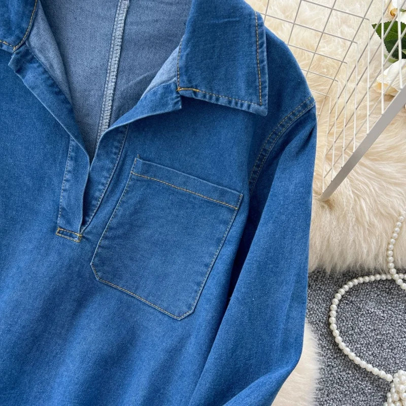 Vintage Denim 2 Piece Sets Women Outfit Spring Clothes Women 2026 Long Sleeve Shirt Top Straight Jeans Pant Set Cowboy Woman Set