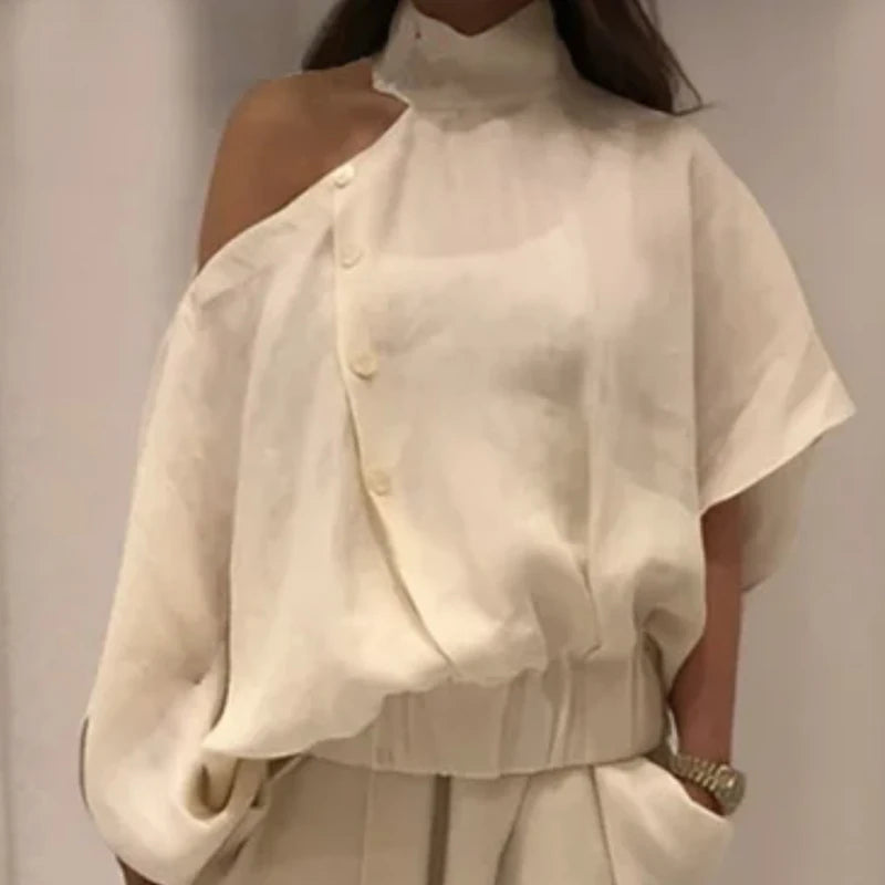 Women's Two Piece Set Wide Leg Buttoned Casual Pants Bottoms Trousers Hollow Solid Color Irregularity Loose Cold shoulder Blouse