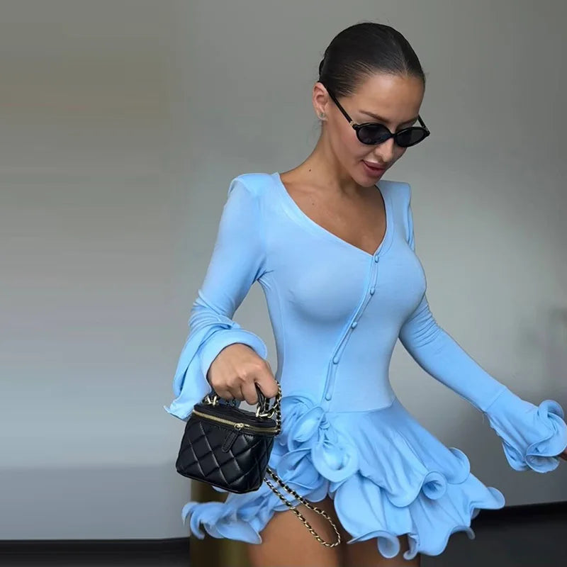 Chic Ruffle Hem Women's Dress V-Neck Long Sleeve Waist-Closed Buttons Solid Lady Mini Dresses 2026 Summer Fashion Female Robe