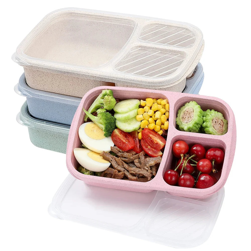 1/2pcs Bento Lunch Box Set 3 Compartment Food Storage Containers Wheat Straw Meal Prep Lunch Box Plastic Food Storage Containers