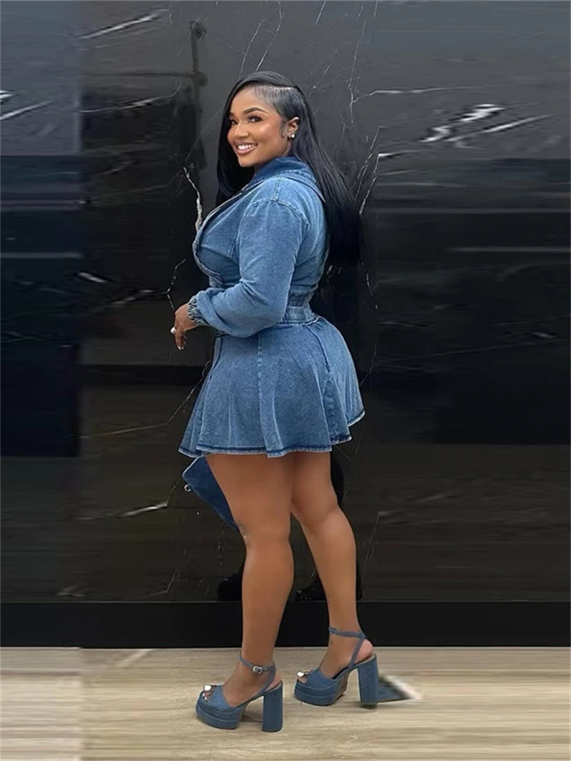 Streetwear Denim 2 Piece Sets Women Outfit Spring Clothing Women Full Sleeve Hooded Crop Top Pleated Skirt Sets Jean Dress Sets