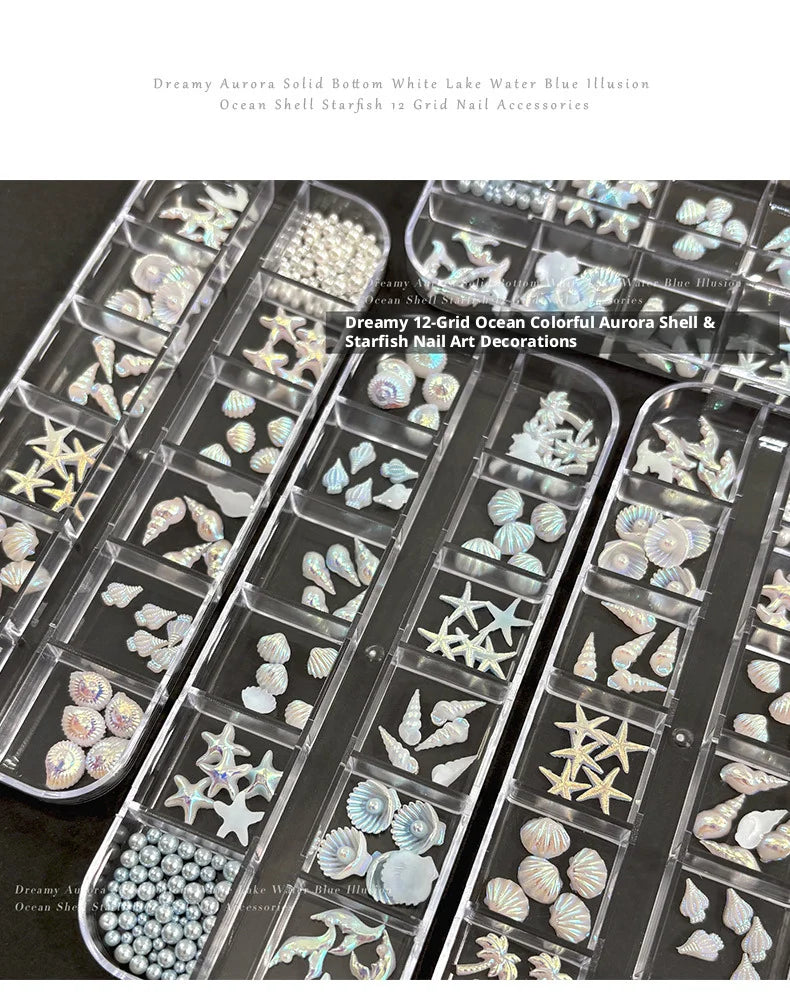 YYM 12 Grid Starfish Shell Nail Jewelry Set Box Conch Coconut Tree DIY Kit with Diamond Accessories for Nail Art