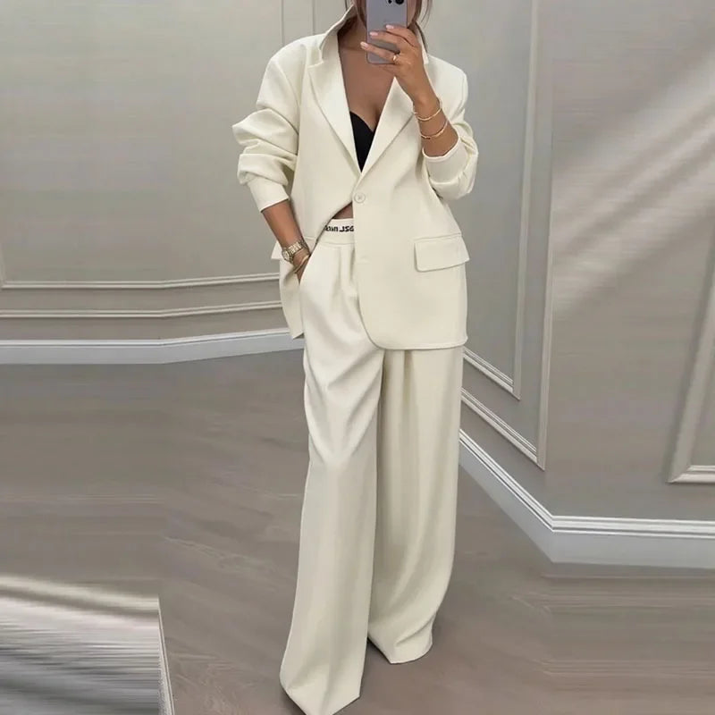 Casual Women's Suit Set Autumn Sexy Turn down Collar Button Blazer & Straight-leg Pants Set Winter Solid Long Sleeve Chic Outfit
