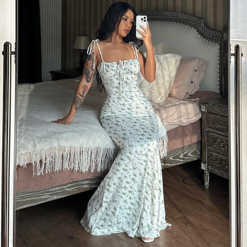 Hugcitar Floral Print Sleeveless Backless Slips Lace Up Maxi Dress Sexy Bodycon Summer Elegant Outfits Holiday Party Wholesale