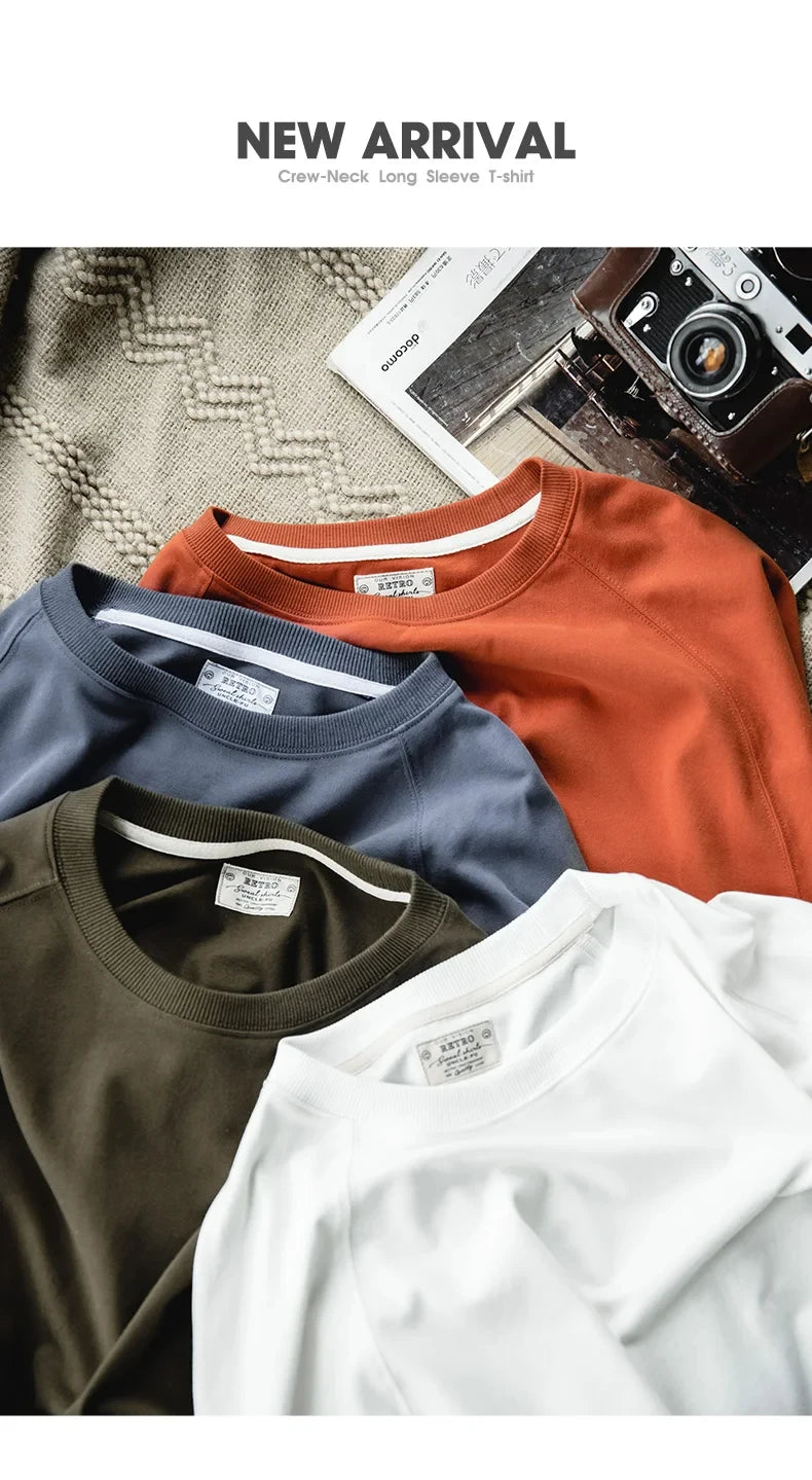 Maden 100% Cotton Loose Crew Neck Long Sleeve T-shirts Men's  230g Thin Breathable Tee Shirt Basic Solid Color Oversized Tops