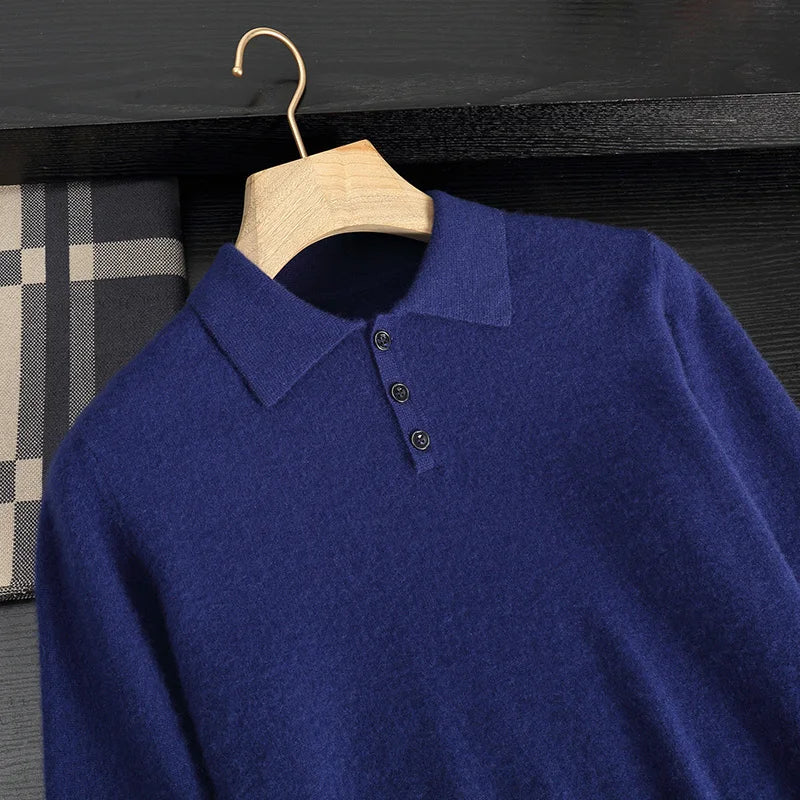 Autumn/Winter Men's 100% Cashmere Pullover Business Casual Solid Knitted Sweater Loose POLO Collar Tops Basic Thick Warm Jumper