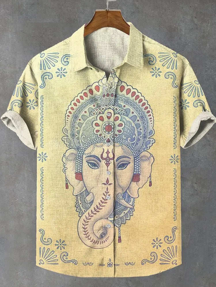 Men's new retro linen short sleeved shirt with giant monster pattern printed casual and comfortable button top
