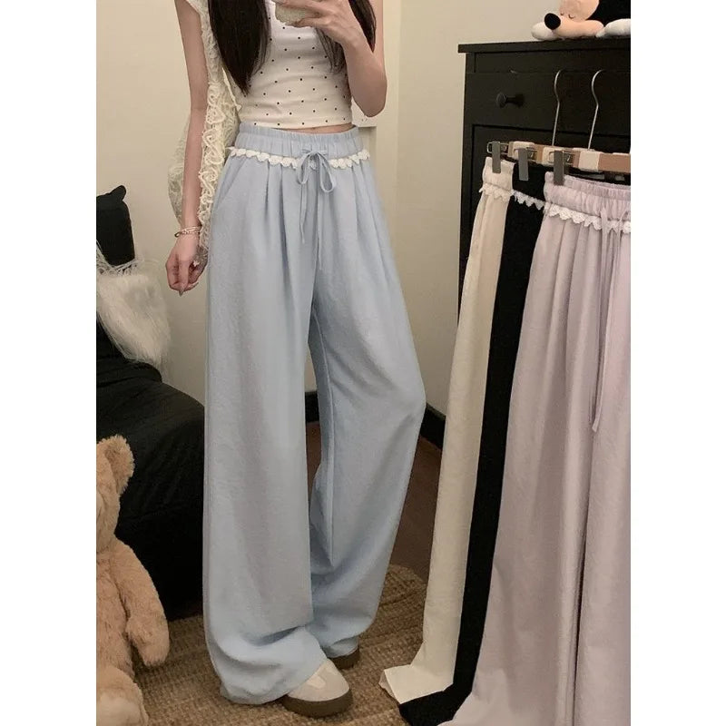 Women Lace Trim Wide Leg Pants Elastic Drawstring Waist Loose Casual Trousers Multiple Colors