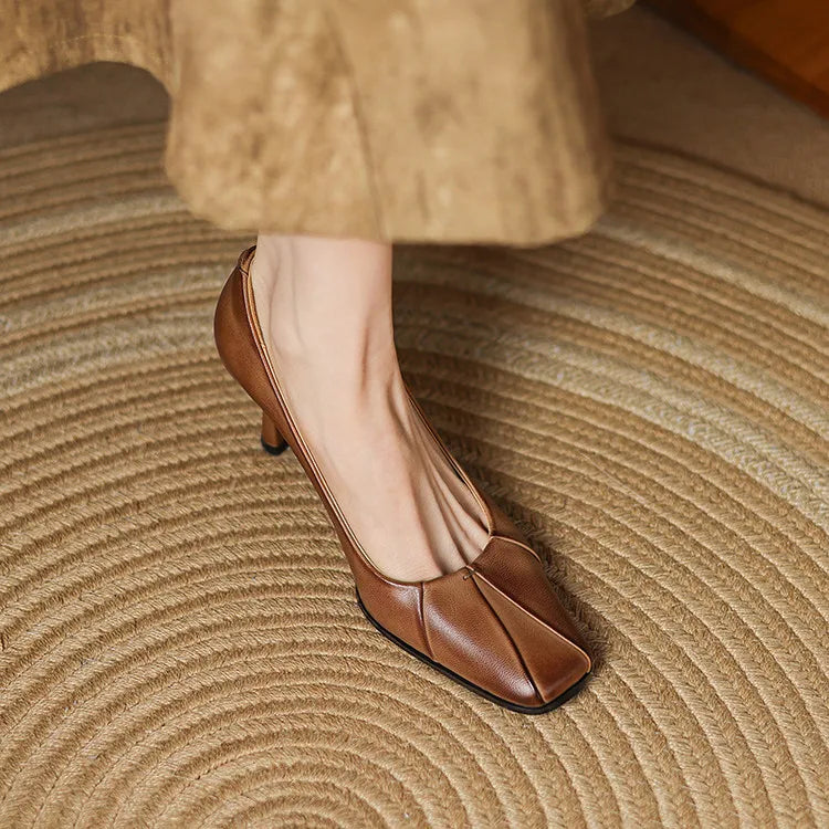 NEW Spring/Autumn Women Pumps Genuine Leather Shoes for Women Square Toe Thin Heel Shoes Concise Shallow High Heel Pleated Shoes