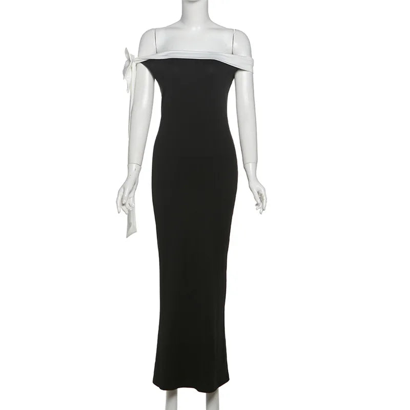 Tuularose Summer Bandage Long Dress Women's Elegant One Shoulder Bow Tie Slim Evening Dress Sexy Patchwork Party Dress Y2k 2025