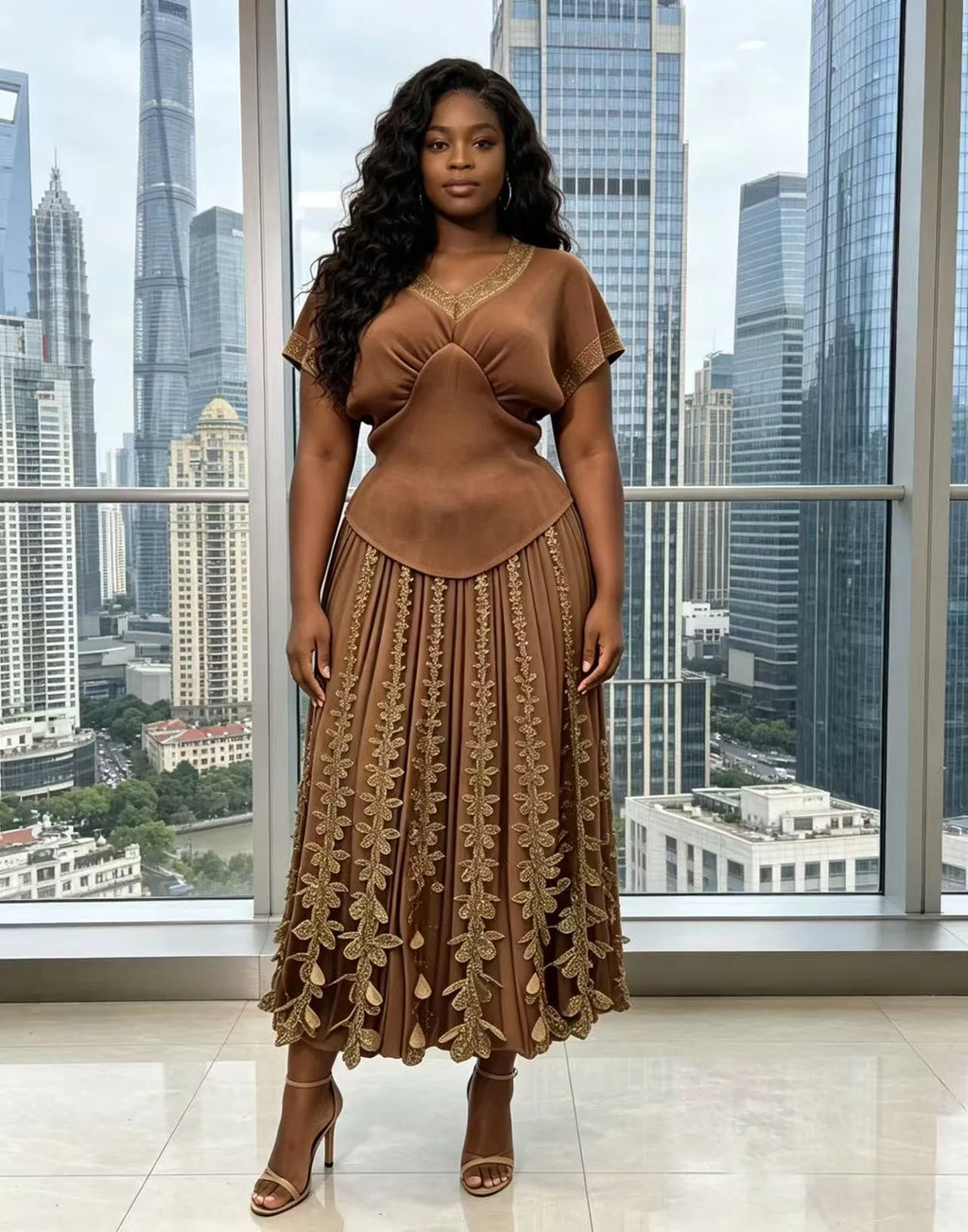 2026 Spring and Summer Retro High Waist and Thin Bronzing Suit  V-neck Bat Sleeve Versatile T-shirt Skirt Two-piece Suit Women