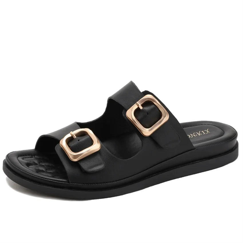 Casual Slippers Women PU Leather Open Toe Double Buckle Flat Summer Outdoors Non-Slip Soft Soles Slip On Beach Footwear Slippers