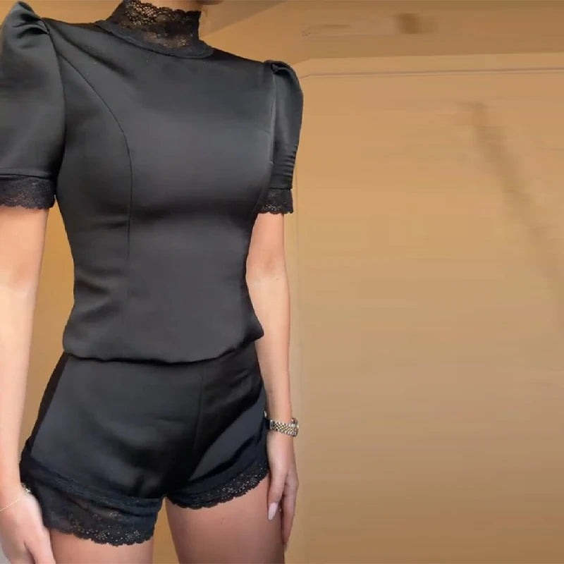 Solid Satin Lace Edge Top Short Sets For Women High Neck Padded Shoulder Blouse Low Waist Shorts 2026 Lady Spring Summer Outfits