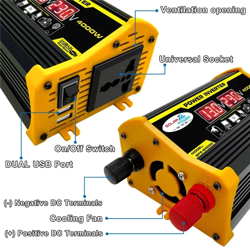 4000W Inverter Converter Adapter 12V to 110V 220V Voltage Transformer Car Power LED Display Dual USB Home Car Modified Sine Wave
