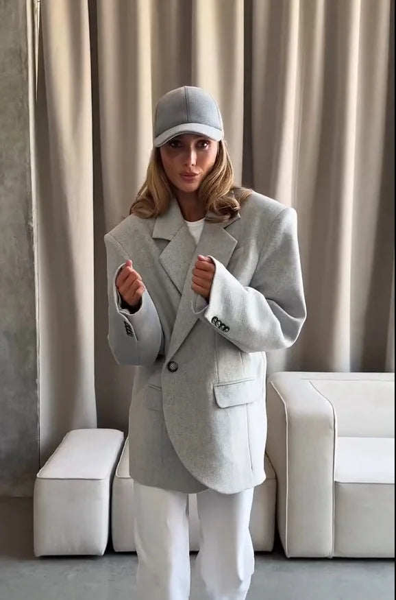 Women Red Fashion Blazer Jacket Lapel Collar Single Button Long Sleeve Loose Casual Coats Oversized Autumn Winter Streetwears