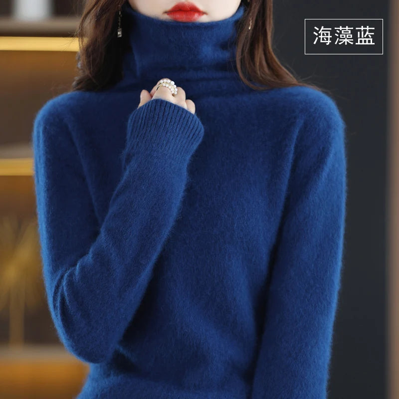 Women's Pile Collar 100% Mink Cashmere Sweater Winter High Collar Knitted Pullover Casual Short Thick Tops Loose Warm Base Shirt