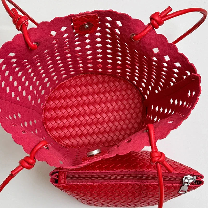 Hand-woven Openwork handBag With Zipper Inner Pocket,summer Pu Leather Beach Bucket Bags,large Capacity Simple Shopping handBag
