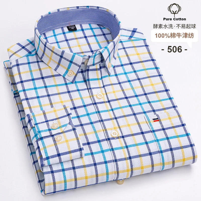 2024 Fashion Men Work Business Brand Shirt Mens Plaid Cotton Casual Dress Shirts Slim Fit Long Sleeve Button Down  Chemise Homme