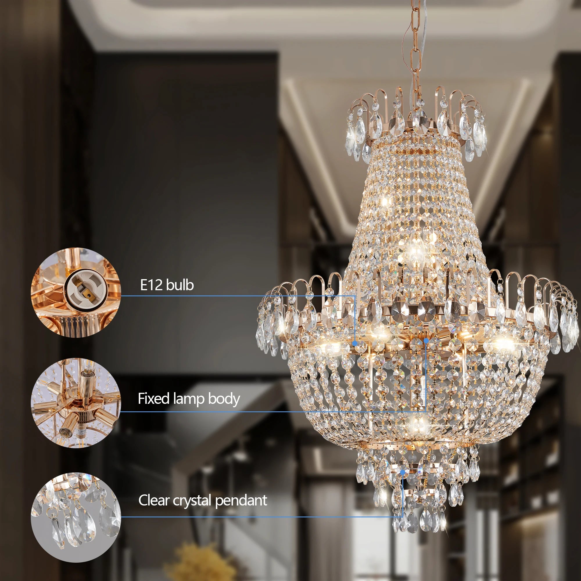 ARLGSITE Luxury Gold Crystal Chandelier Elegant Dazzling K9 Crystals Ceiling Light for Living Room Dining Room Hallway-Gold