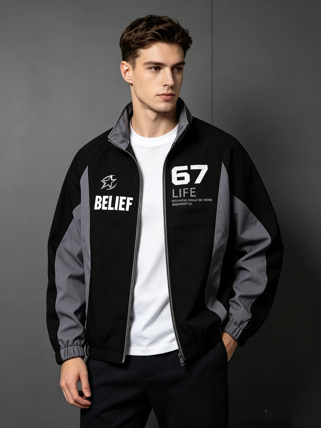 Men Black Gray Racing Windbreaker Number Letter Print Zip Up Loose Street Jacket