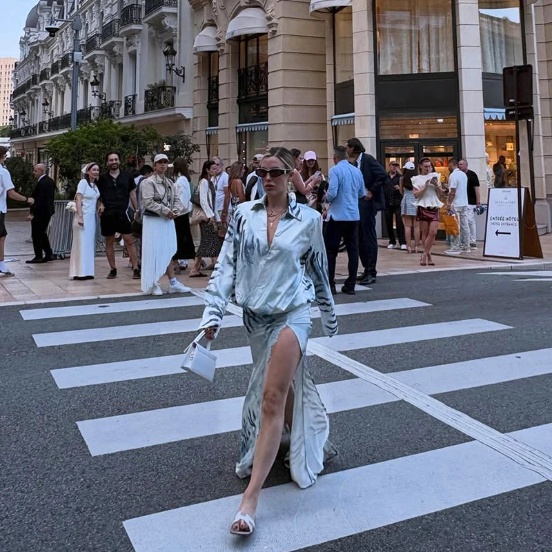 Fashion Printed Long Shirt Style Dress Women Full Sleeve Lapel Lace Patchwork High Split Dresses Female 2026 Autumn Lady Robe