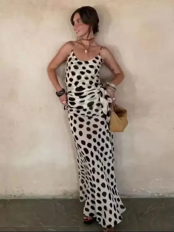 Bohemian Contrast Polka Dot Wrap Skirt Women Vintage Tie Waist Lace Up Chiffon Midi Skirts Coffee Dating Night Out Wear 2026 New