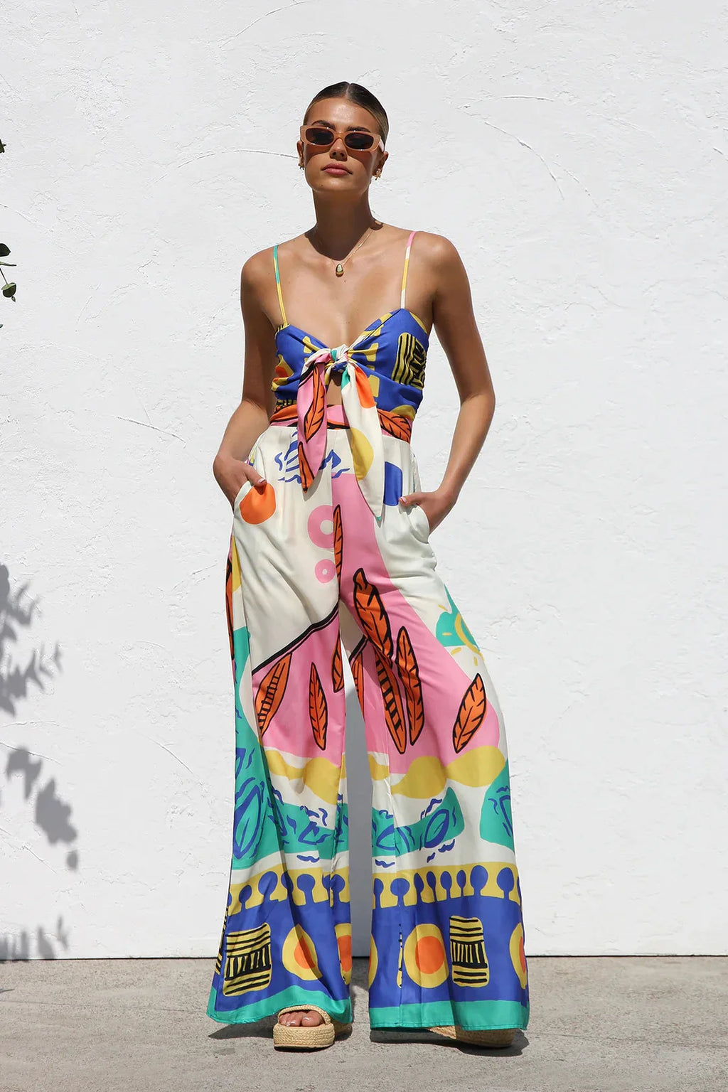 Spring Summer Print Spaghetti Strap Jumpsuits Women Fashion Sexy Hollow Out Leace-up High Waist Wide Legs Jumpsuit Bohemian New