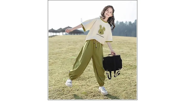 5 6 8 10 12 14 Years Summer Girls Clothing Sets Cute Rabbit Tops + Pants 2Pcs Outfits Kids Tracksuit Teenagers New Kids Clothes
