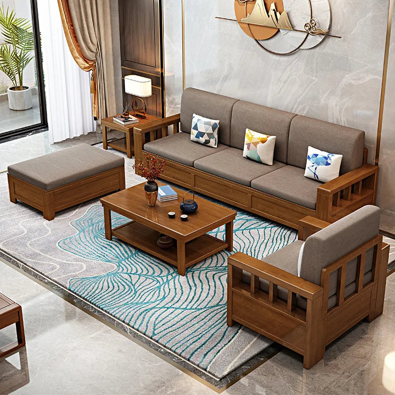 Modern minimalist solid wood sofa set, economical fabric sofa for small apartments, new Chinese style living room storage wooden