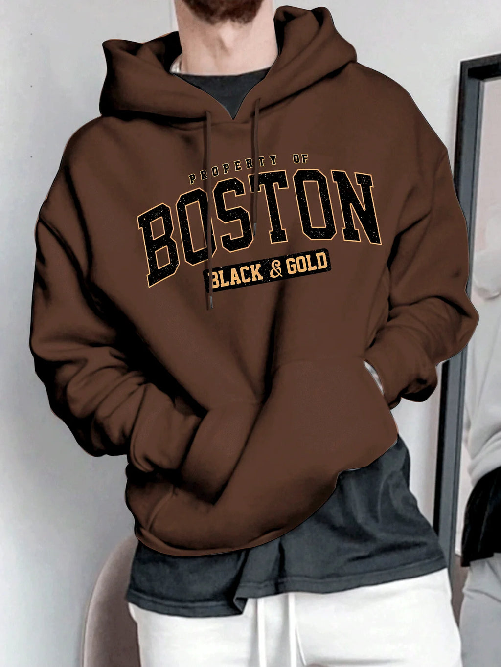 Men's Spring and Autumn Casual Warm Loose Fashion Boston Letter Pattern Printed Long Sleeve Round Neck Hoodie