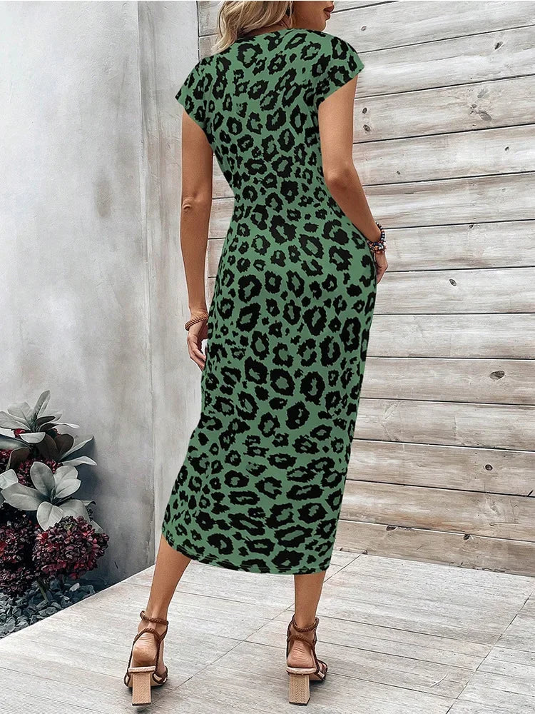 Retro leopard print dress with round neck covered sleeves twisted sides waist cinching, slim fit, hip hugging women's clothing