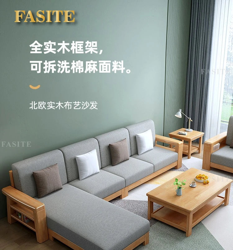 Nordic solid wood three-person sofa, modern simple fabric, small apartment concubine coffee table combination furniture