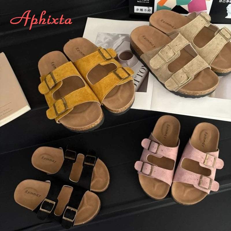 Aphixta Cork Clogs Slippers For Women Classic Suede Summer Sandals Fashion Outdoor Beach Shoes With Adjustable Metal Buckle