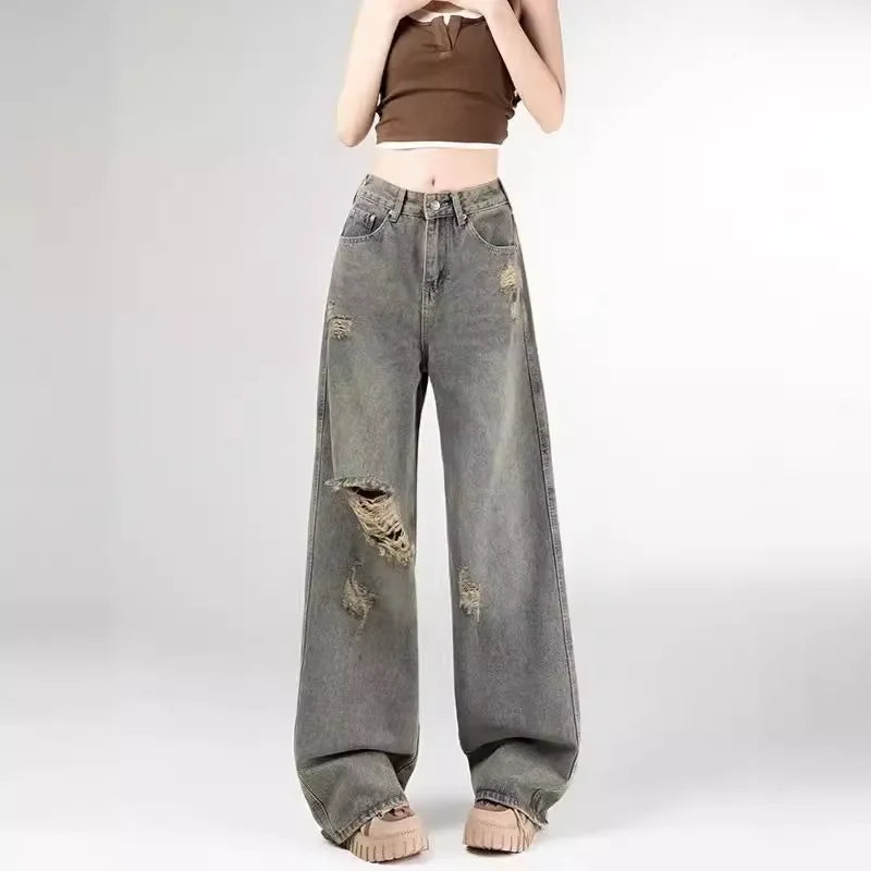 Women's Vintage Distressed Jeans High Waist Wide Leg Straight Denim Pants Loose Fit Summer Trousers 2025
