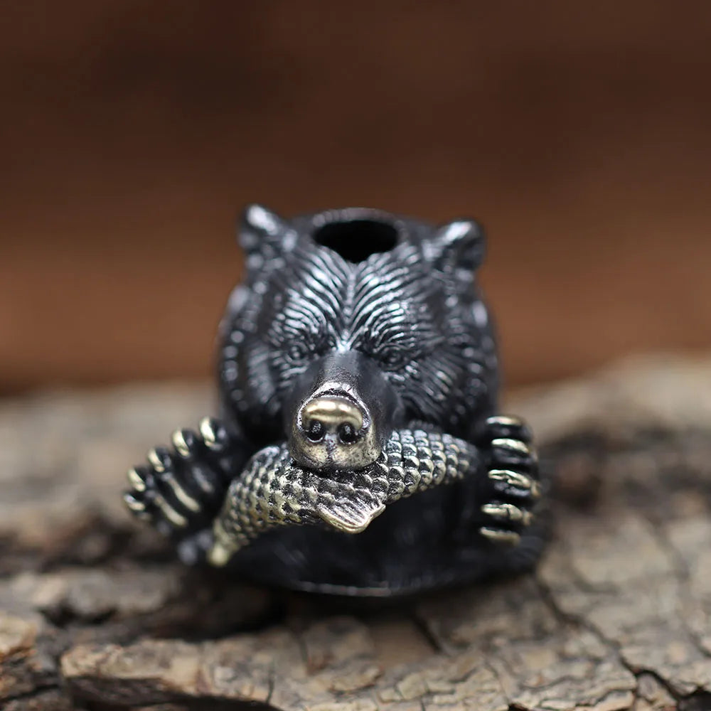 Bear With Salmon Brass Knife Beads EDC DIY Paracord Woven Bracelets Lanyard Pendants Accessories Outdoor Tools Hangings Charms