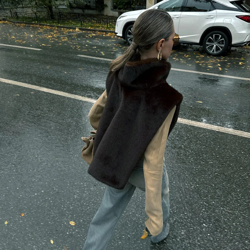 Solid Color Half Turtleneck Furry Sleeveless Top Patchwork Short Section Pullover Top 2025 Fall Woman'S Clothing Street