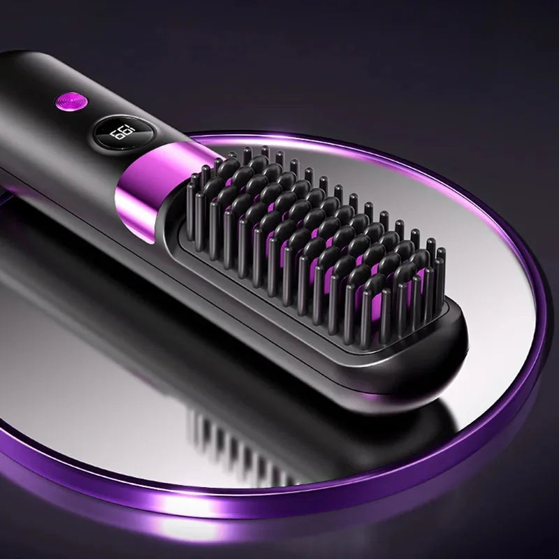 1Pc USB Charging Portable Hair Straightener Brush, Cordless Straightening Comb LED Display & Ceramic Coating, Ionic Technology